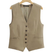 Paris Foridol Cotton Linen Brown Vest for Women | Sleeveless Button-Up V-Neck | Spring Summer Outfit with Pockets loveyourmom Love Your Mom Image colour L 