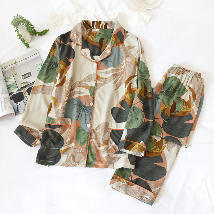 Viscose Pajama Shirt Set, Printed Lounge Resort Set, Palm Leaves Floral Matching Pajama Set, Nightwear Sleepwear, Cool Summer Outfit 1 1 Rayon Set Palm Leaf M 