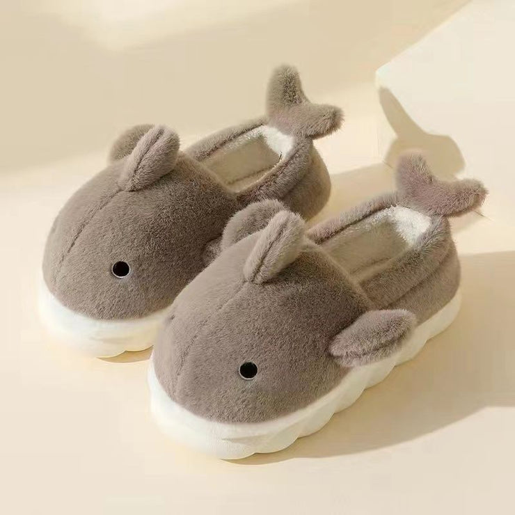 Plush Couple Slippers, Warm Cute Dolphin Shark Cozy Slippers, Winter Indoor Fluffy Slippers, House Home Slippers, Animal Shape Bedroom Slippers, Anti-Slip 1 1 Khaki Shark with Heel 38or39 