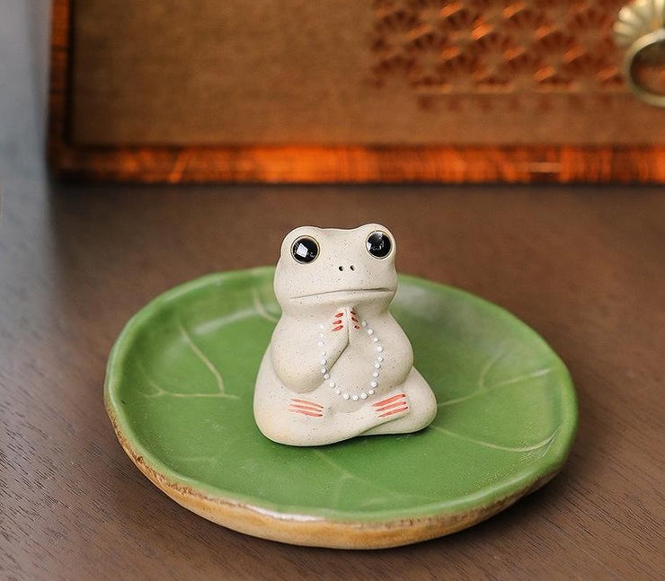 Ceramic Lotus Leaf Frog Table Decorations, Zen Meditation Buddhism Ceramic Crafts for Home Décor Gift, loveyourmom Love Your Mom Xiaoyao Frog Clay Lotus Leaf  