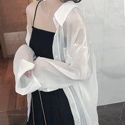 Loose Fit Korean Style Chiffon Shirt, Breathable Button up Shirt, Elegant Casual Tops, Bohemian Aesthetic See Through Shirt, Gifts for Her 1 1 White 2XL 