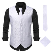 Men's 3Pc Paisley Waistcoat Set with Necktie Pocket Square | Victorian Steampunk Embroidered Vest | Formal Business Attire loveyourmom Love Your Mom White 2XL 