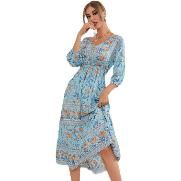 London Women's Floral Summer Dress A-Line Swing Casual Beach Dress V Neck Boho mid-Long Sleeves Dresses loveyourmom Love Your Mom Light Blue L 