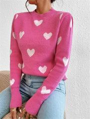 Women's Sweater Heart Pattern Sweater, Loose Round Neck Knitted Pullover Sweater loveyourmom Love Your Mom Bright Pink L 