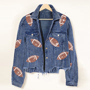 Women Football Embroidered Corduroy Jacket, Baseball Jacket - Rugby Sequin Shacket Jacket 1 1 Blue L 