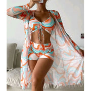 Women Swimsuit kimono Split Three-piece Set High Waist Long Sleeve Smock Drawstring Suit 1 1   