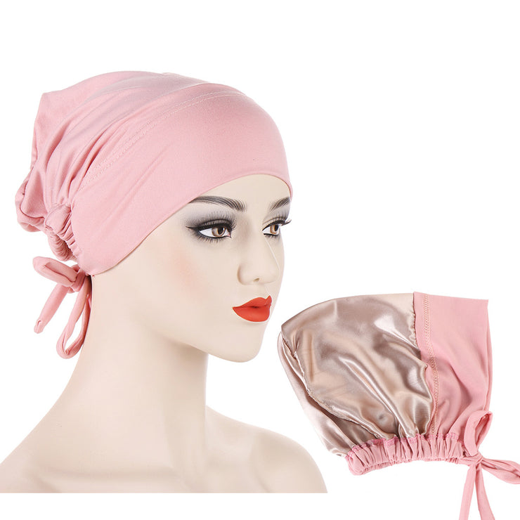 Satin Hijab Cap Full Cover Inner Jersey Hat Islamic Head Wear Stretch Turban Underscarf Bonnet Straps Headband Female loveyourmom Love Your Mom Pink  