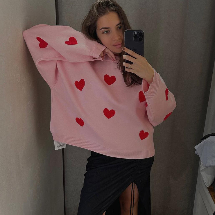 Cute Hearts Pullover Sweater, Soft Cozy Plus Size Sweater, Loose Fit Winter Sweater, Casual Warm Streetwear Sweater, Round Neck Sweater Top loveyourmom Love Your Mom Pink Heart L 