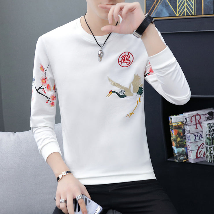 Chinese Style Crane Embroidered Shirt, Round Neck Long Sleeve Cozy Sweater Shirt, Aesthetic Streetwear Graphic Shirt, Chinese Pullover Shirt 1 Love Your Mom White 1 2XL 
