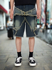 Denim Shorts Baggy Jorts Mid Rise Stretchy Patchwork Jeans Shorts Jorts, Y2K Star jorts outfit for Men loveyourmom Love Your Mom   