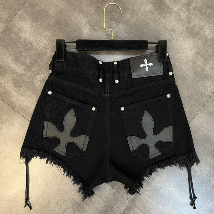 Black Shorts Grunge Opiumcore Shorts, Ripped With Crosses Gothic Style Rave Punk Goth Witch Vintage Short Denim Techno Y2K Clothes Clothing Aesthetic Designed 1 1 Black0315 2XL 