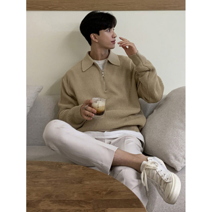 Korean Basic Look, Men Casual Pullover Warm Slim Stand Collar Knitted Pullovers, Half Zip Sweater - Color: khaki, gray, black 1 1   