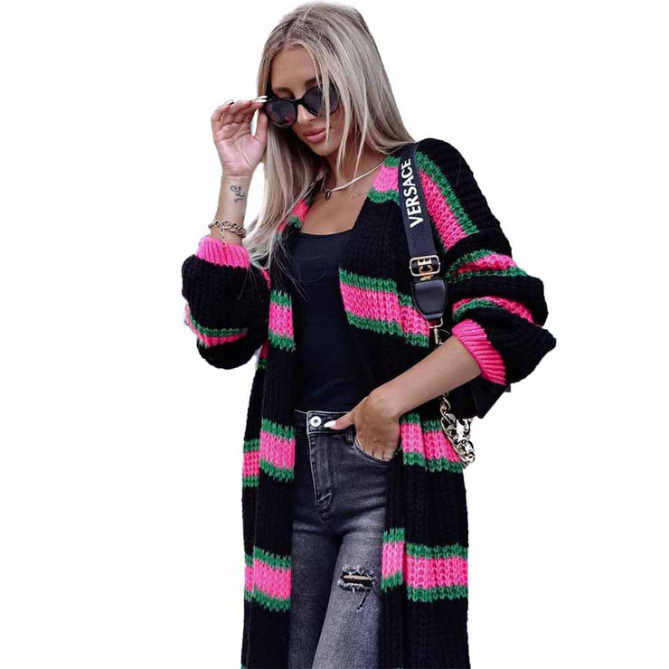 Cardigan Women Womens Stripe Panel Sweater Cardigan Long Colorblock Pocket Knit Cardigan,Striped Color Block Long Sleeve Knitted Sweater Baggy Coat loveyourmom Love Your Mom Black L 