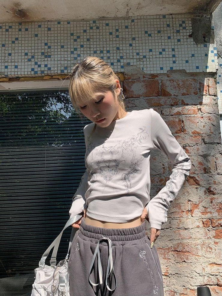 Vintage Summer Printed Shirt Top, Casual Streetwear Top, Aesthetic Graphic Crewneck Top, High Fashion Animated Top, Party Outfits 1 1 Light Gray L 
