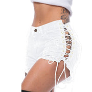 Women Ripped Hole Denim Jeans Pants, Lace Up Handmade Short Gift for Graduation - Festival Summer beach pants. 1 1 White 2XL 
