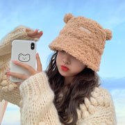 Cute Bear Furry Bucket Women Warm Winter Hat, Tokyo Winter Thermal Faux Lamb Plush 1 Love Your Mom Khaki  