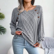 Square Neck Knitted Sweater, Mom Warm Cozy Winter Sweater, Long Sleeve Acrylic Soft Sweater, Casual Wear Buttoned Sweater loveyourmom Love Your Mom Grey 2XL 