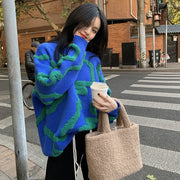 Copenhagen style fall Trendy Green o neck Sweater, y2k long sleeve  korean style cartoon wool Sweater Pullover Oversized 1 1   