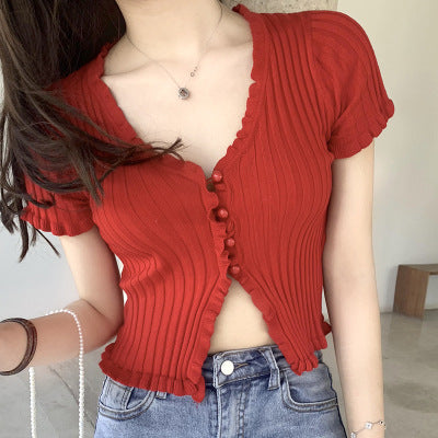 Cropped Knitted Navel Sweater, Short Sleeve V-neck Cozy Sweater, Cute Sexy Ladies Sweater Top, Trendy Streetwear Japanese Sweater 1 1 Red One size 