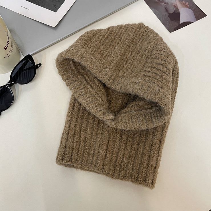 Winter Balaclava,  Woolen Hat Scarf Earflaps Knitted Hat, Hat Bib One Ear Protection Knitted Hats - schalmütze stricken 1 1 Brown M56 58cm 