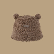 Cute Bear Furry Bucket Women Warm Winter Hat, Tokyo Winter Thermal Faux Lamb Plush 1 Love Your Mom Brown  