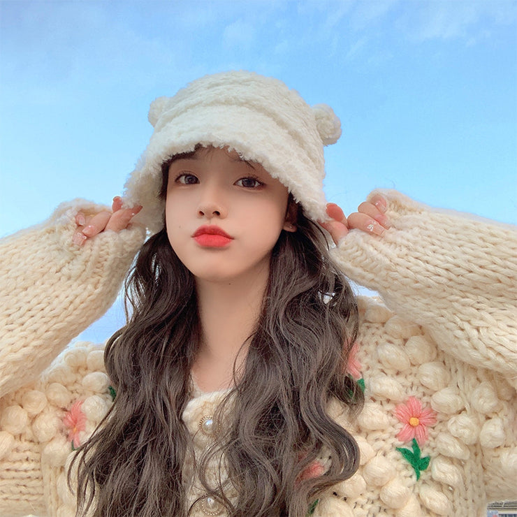 Cute Bear Furry Bucket Women Warm Winter Hat, Tokyo Winter Thermal Faux Lamb Plush 1 Love Your Mom White  