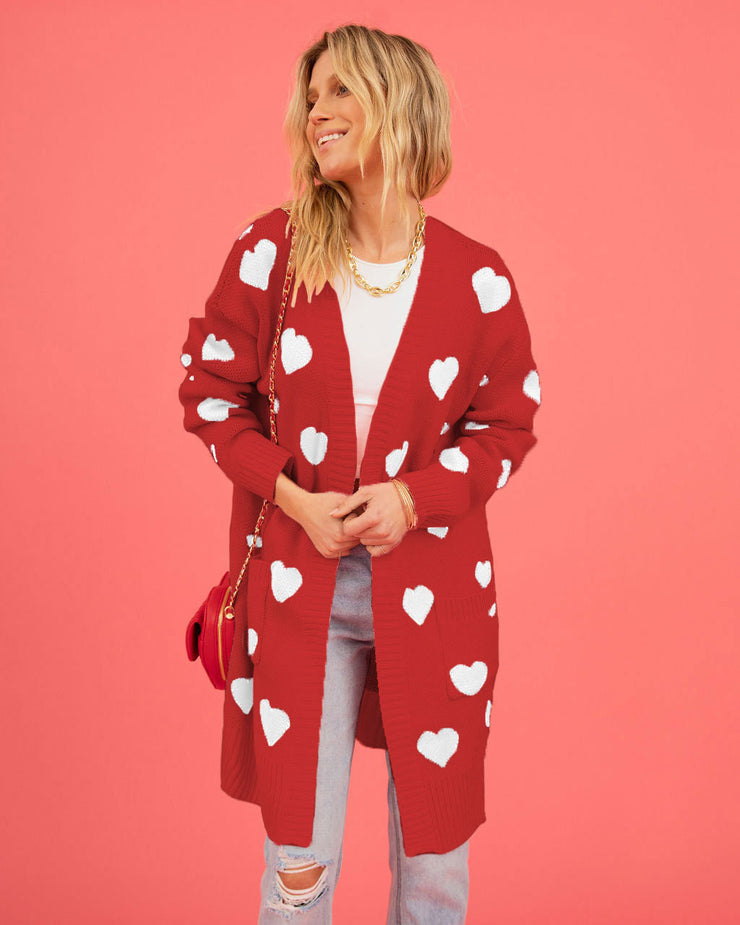 Boho Heart Print Maxi Cardigan | Pink Knit Sweater Coat, Oversized Fit, Women's Fall Winter loveyourmom Love Your Mom Red L 