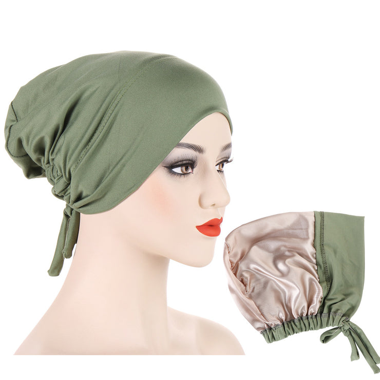 Satin Hijab Cap Full Cover Inner Jersey Hat Islamic Head Wear Stretch Turban Underscarf Bonnet Straps Headband Female loveyourmom Love Your Mom Grass Green  