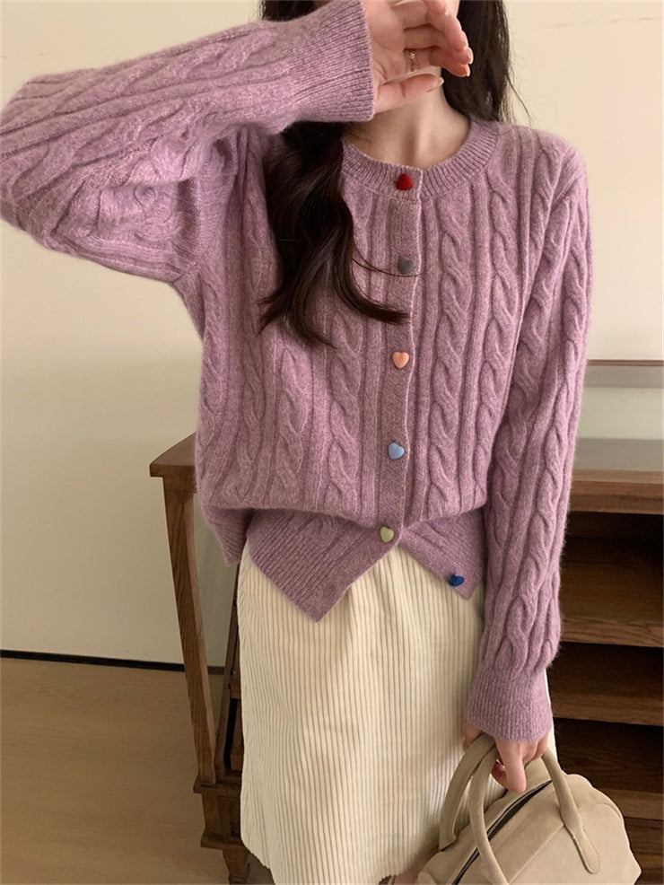 Gentle Color Heart Buckle Cable-knit Sweater, Cute Heart Buttons Boho Sweater for Her 1 Love Your Mom Purple Free Size 