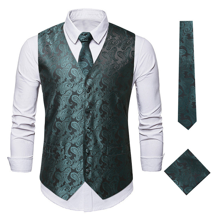 Men's 3Pc Paisley Waistcoat Set with Necktie Pocket Square | Victorian Steampunk Embroidered Vest | Formal Business Attire loveyourmom Love Your Mom Black And Green 2XL 