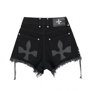 Black Shorts Grunge Opiumcore Shorts, Ripped With Crosses Gothic Style Rave Punk Goth Witch Vintage Short Denim Techno Y2K Clothes Clothing Aesthetic Designed 1 1   