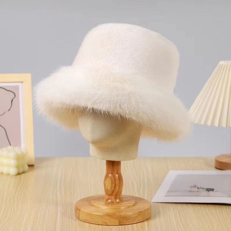 Women's Furry Imitation Fur Bucket Thickened Warm Hat loveyourmom Love Your Mom White Average Size 