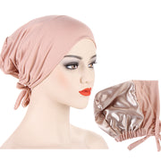 Satin Hijab Cap Full Cover Inner Jersey Hat Islamic Head Wear Stretch Turban Underscarf Bonnet Straps Headband Female loveyourmom Love Your Mom Pink Color  