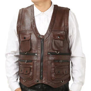 Men Genuine Leather Vest Brown, Multi Pocket Zipper Waistcoat, Thick Motorcycle Plus Size Sleeveless Jacket Vest Cowhide loveyourmom Love Your Mom   