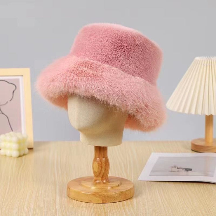 Women's Furry Imitation Fur Bucket Thickened Warm Hat loveyourmom Love Your Mom Pink Average Size 
