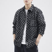 3D denim jacket, Japanese Retro Plaid Colorblock Baggy Casual Shirt, Blue Cotton Hip Hop Outerwear 1 1   