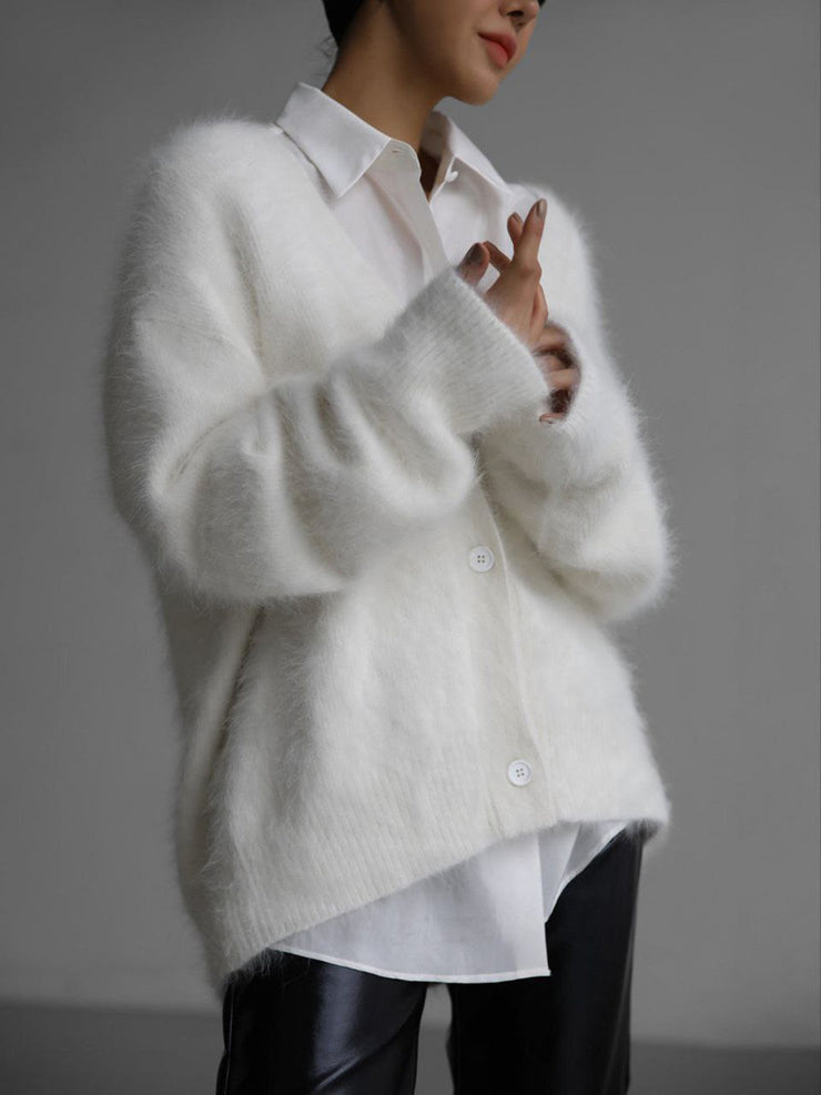 Copenhagen Knitted Sweater, Button Cardigan Loose Sleeve V-Neck Sweater Coat 1 1 White L 