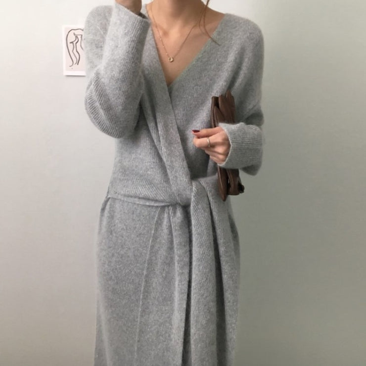 Copenhagen Thick Casual V Neck Sweater Dress, Women Warm Autumn Winter Solid Korean Jumper Dresses Knitted Knitwear. loveyourmom Love Your Mom Grey One size 