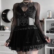 Gothic Punk Skirts Goth Embroidery Suede Black Lace Patchwork Punk Skirt High Waist Y2K Ruffle Short Mini Skirts 1 1   