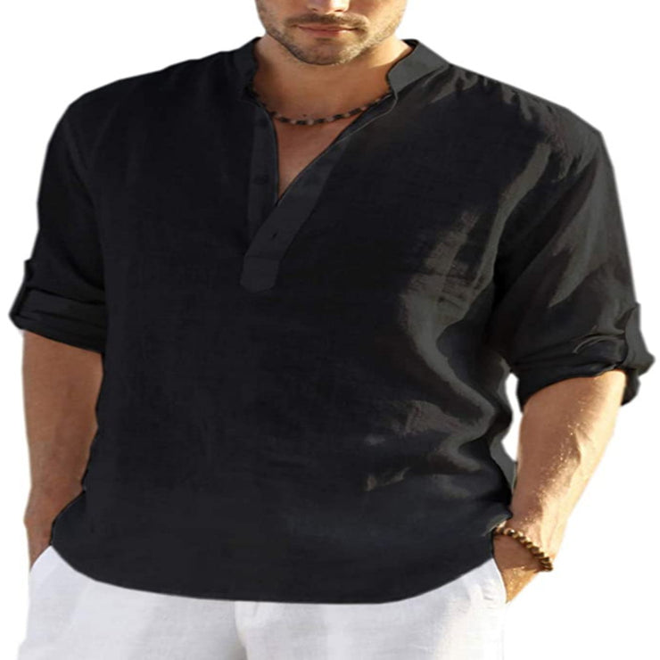 Men's Linen Long Sleeve T-Shirt For Beach, Party Loose Casual Spring Autumn 1 1 Black 2XL 