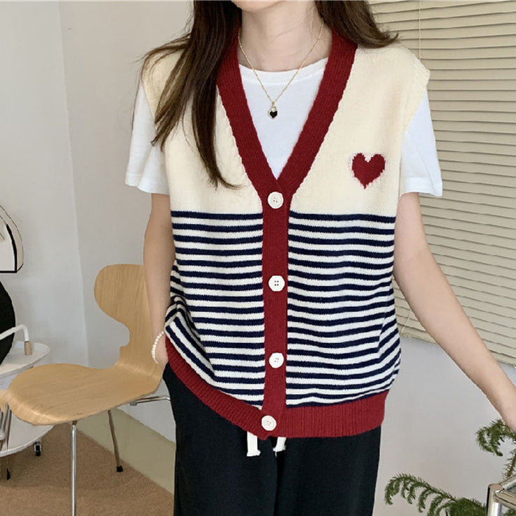 Multi Colored Japanese Korean Heart Knitted Vest for Women, Vintage Outerwear, Casual Warm Cozy Sweater, Aesthetic Vest 1 1 Red Free Size 