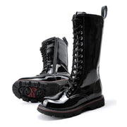 Black Over Knee-High Boots Fashion Patent Leather Laced Biker, Black punk raver Boots 1 1   