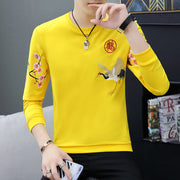 Chinese Style Crane Embroidered Shirt, Round Neck Long Sleeve Cozy Sweater Shirt, Aesthetic Streetwear Graphic Shirt, Chinese Pullover Shirt 1 Love Your Mom Yellow 2XL 