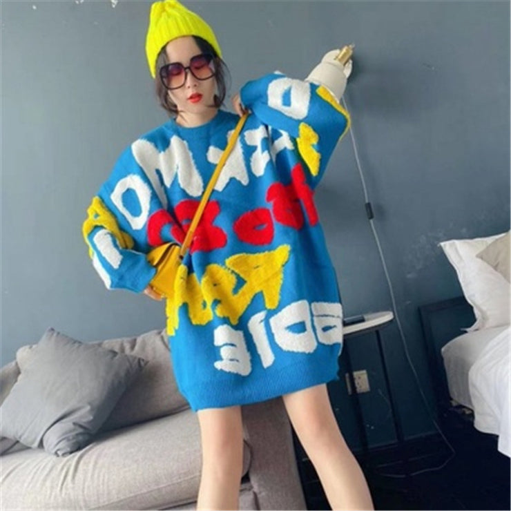 Cartoon Sweater For Women Loose Thick Western Style Women's Clothing loveyourmom Love Your Mom Blue Free Size 