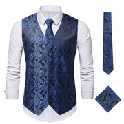 Men's 3Pc Paisley Waistcoat Set with Necktie Pocket Square | Victorian Steampunk Embroidered Vest | Formal Business Attire loveyourmom Love Your Mom Blackish Blue 2XL 