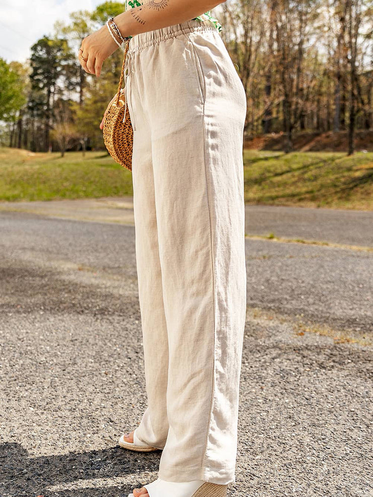 Women's Apricot Linen Wide Leg Pants, Cool  Summer Casual Solid Color Look 1 1   