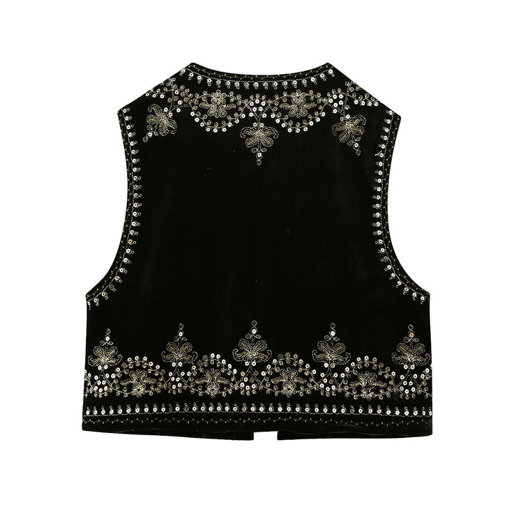 Women's Retro Black Hippie Boho Vest, Embroidered Velvet Vest, Y2K Embroidered Vest Tops Linen Cropped Sleeveless Exchic Floral Summer Duster 1 1   