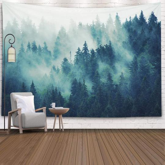 Misty Mountains Tapestry, Green Fir Forest Landscape Wall Hanging Flag Tapestry. Nature Scenery Foggy Mountain Home Wall Decor Living Room loveyourmom Love Your Mom The Foggy Forest 130x150cm 