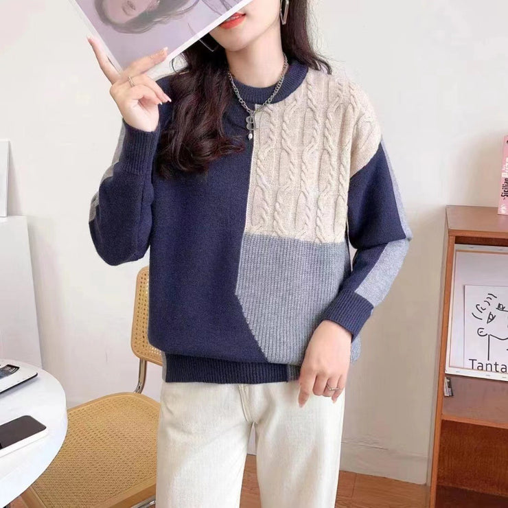 Paris Retro Women's Sweaters Round Neck Patchwork Loose Thin Pullovers Knitted Casual Sweaters loveyourmom Love Your Mom Blue Free Size 