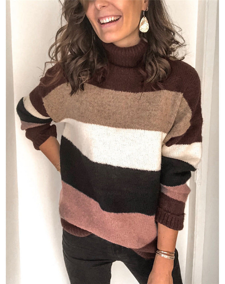 Women Striped Stitched Turtleneck Long-Sleeved Knitted Pullover Oversized Raglan Sleeve Tops for Women Fall loveyourmom Love Your Mom Brick red 2XL 